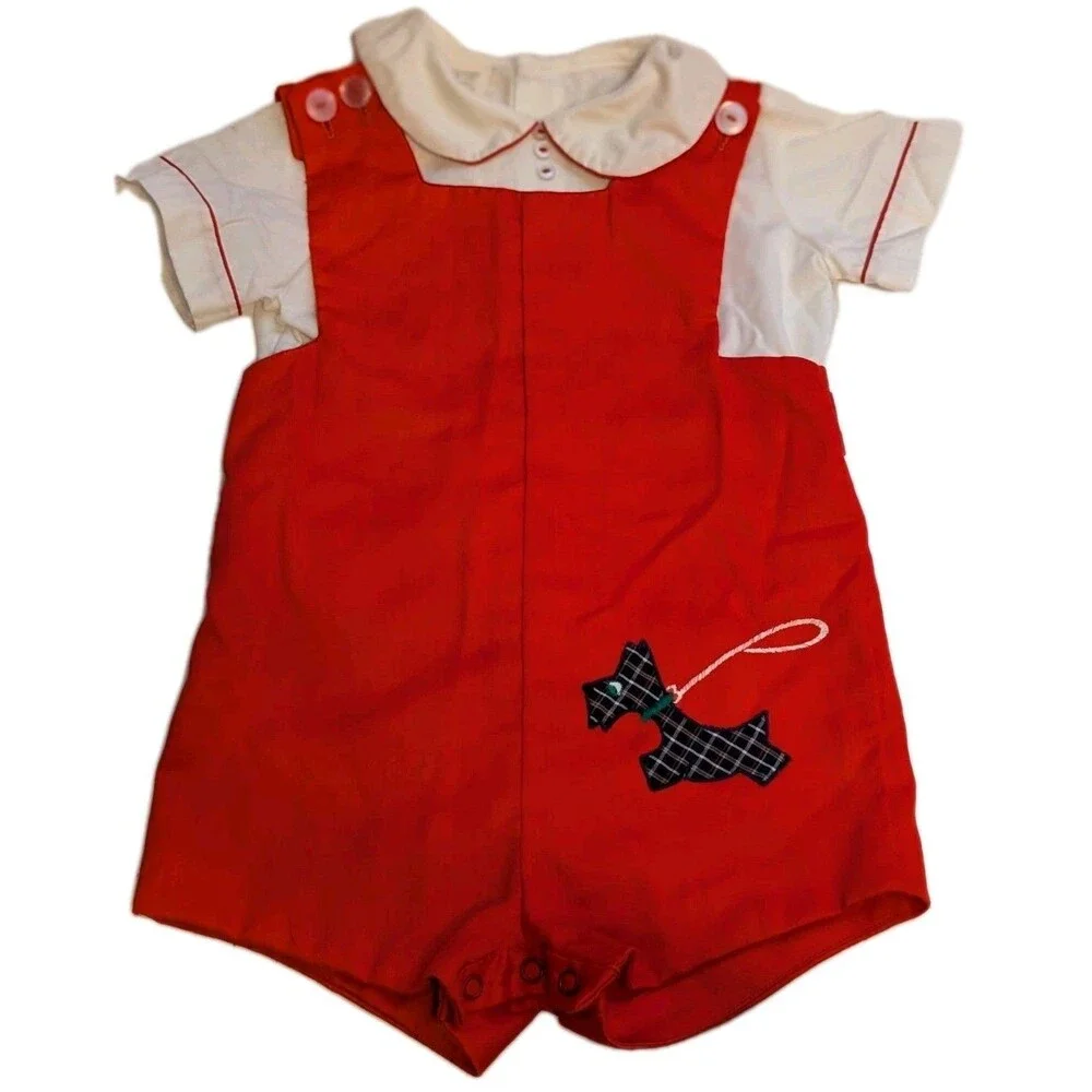 Vintage 2pcs White Collared Top & Red Overalls Outfit Scottie Dog Size 24 Months